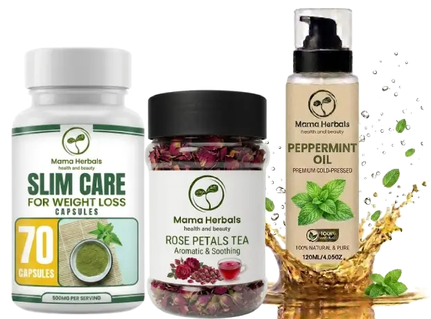 An image of Mama Herbals' Slim Care capsules, Rose Petals Tea, and peppermint oil products