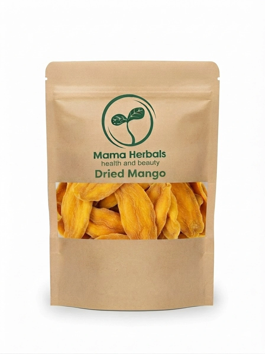 Bright orange Mama Herbals dried mango strips.