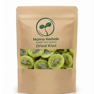 Vibrant green Mama Herbals dried kiwi slices with visible black seeds.