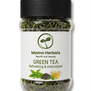 Minimally processed, loose green Mama Herbals tea leaves.