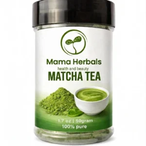 Vibrant, ultra-fine emerald green Mama Herbals matcha powder.