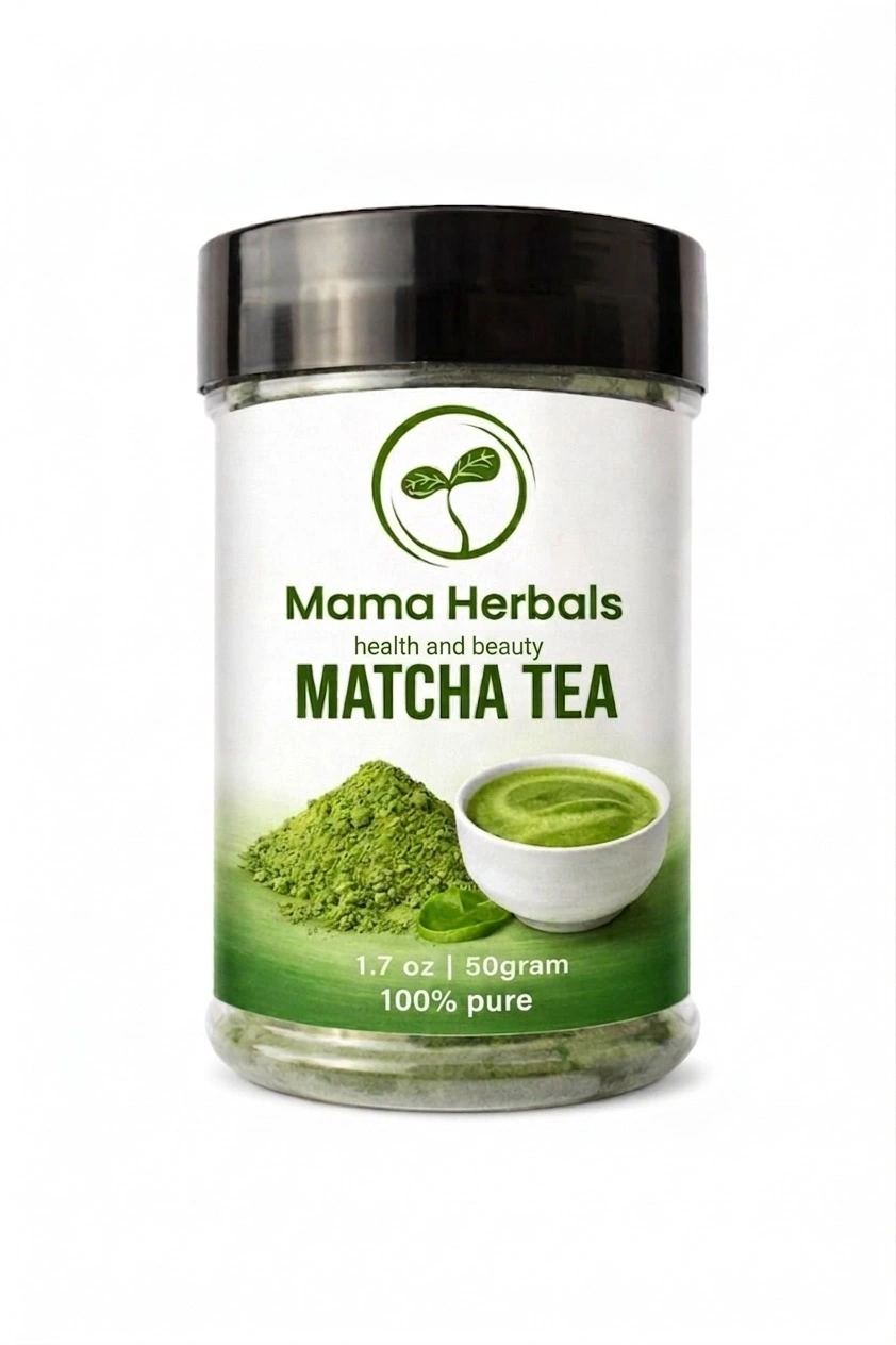 Vibrant, ultra-fine emerald green Mama Herbals matcha powder.