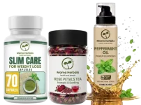 An image of Mama Herbals' Slim Care capsules, Rose Petals Tea, and peppermint oil products